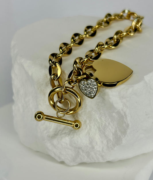 Chain, Heart & CZ Heart Bracelet
