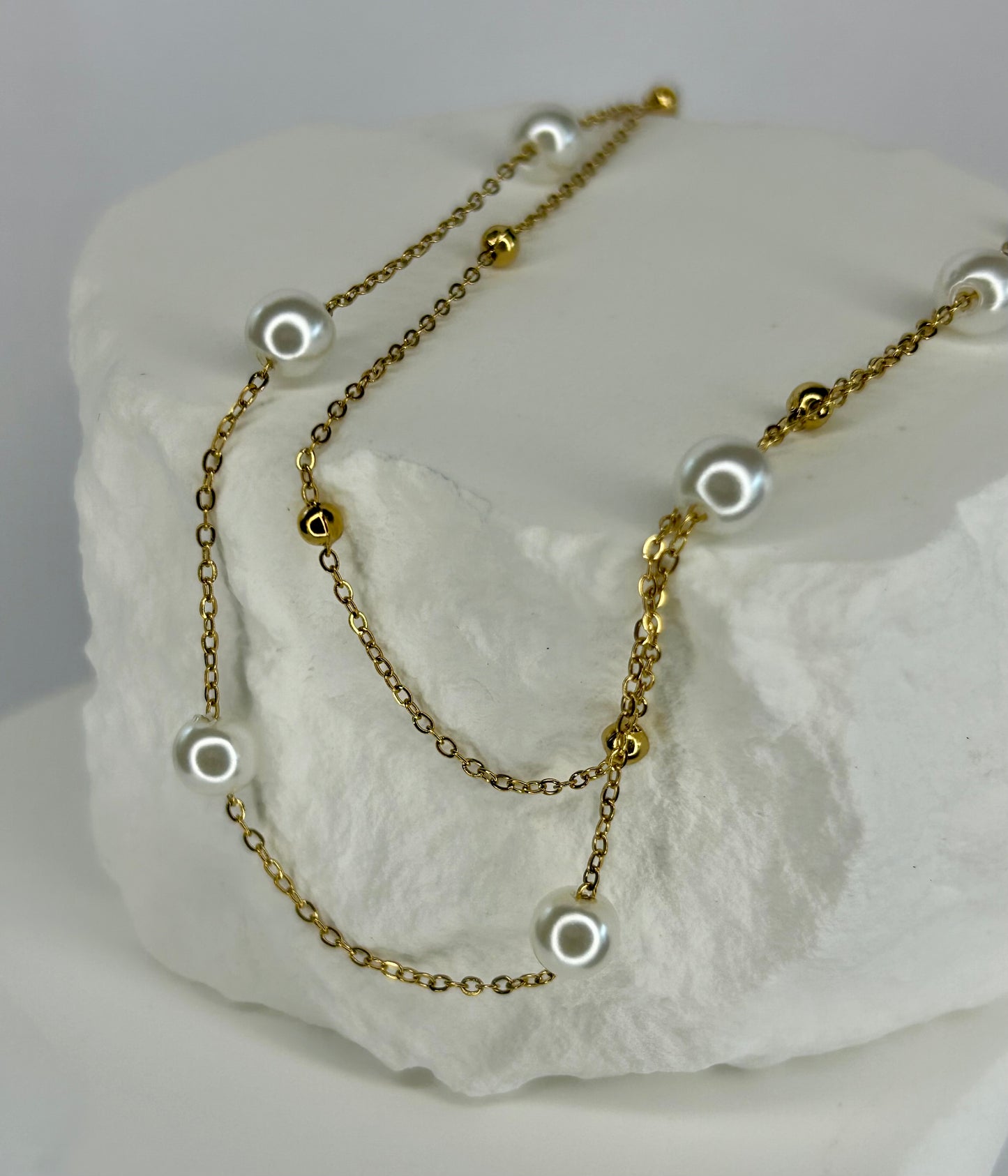 Pearl & Gold Bead Double Chain Necklace